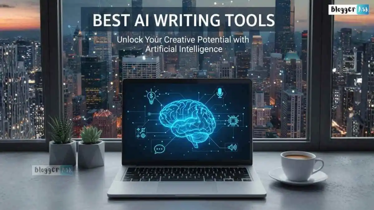 Laptop screen with glowing AI icons and a pen beside it — Best AI Writing Tools for smarter content creation
