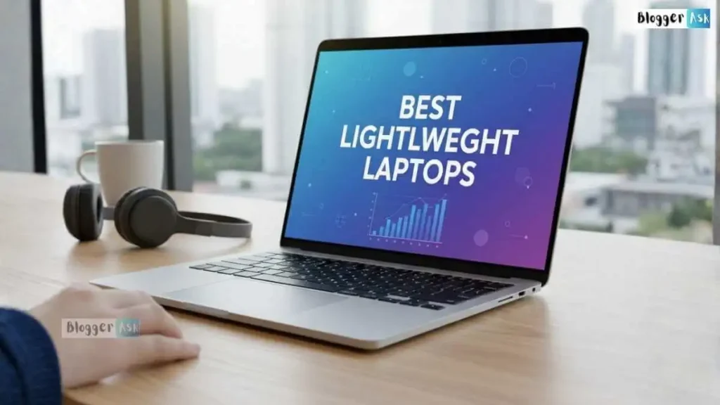 Person using a lightweight laptop on a desk with a backpack beside them, highlighting portability and sleek design.