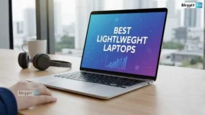 Person using a lightweight laptop on a desk with a backpack beside them, highlighting portability and sleek design.