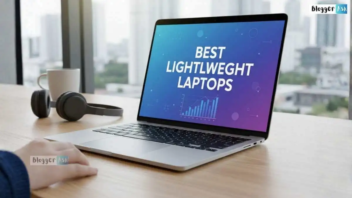 Person using a lightweight laptop on a desk with a backpack beside them, highlighting portability and sleek design.