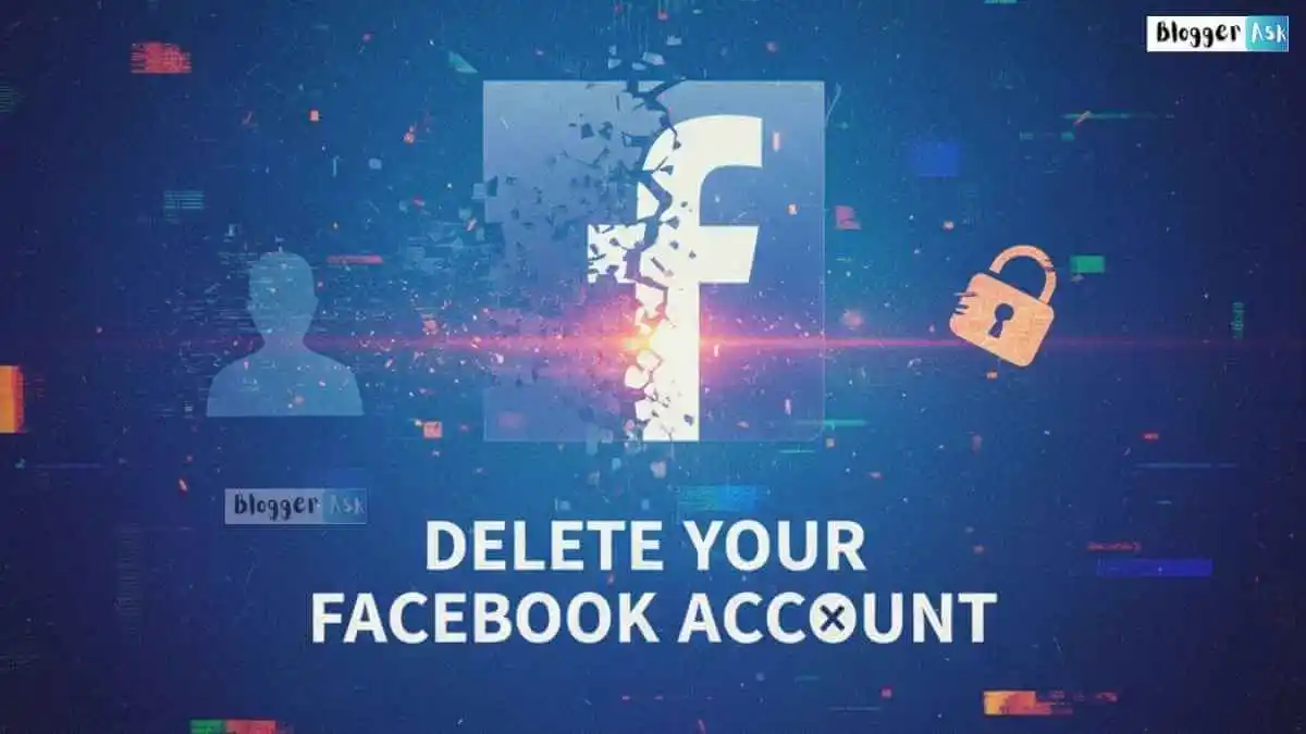 Step-by-step guide on how to delete your Facebook account permanently, with phone and laptop screens showing settings.