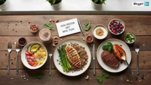 High Protein Diet Meal Plan featuring chicken, eggs, nuts, legumes and tofu arranged on a wooden board for balanced nutrition.