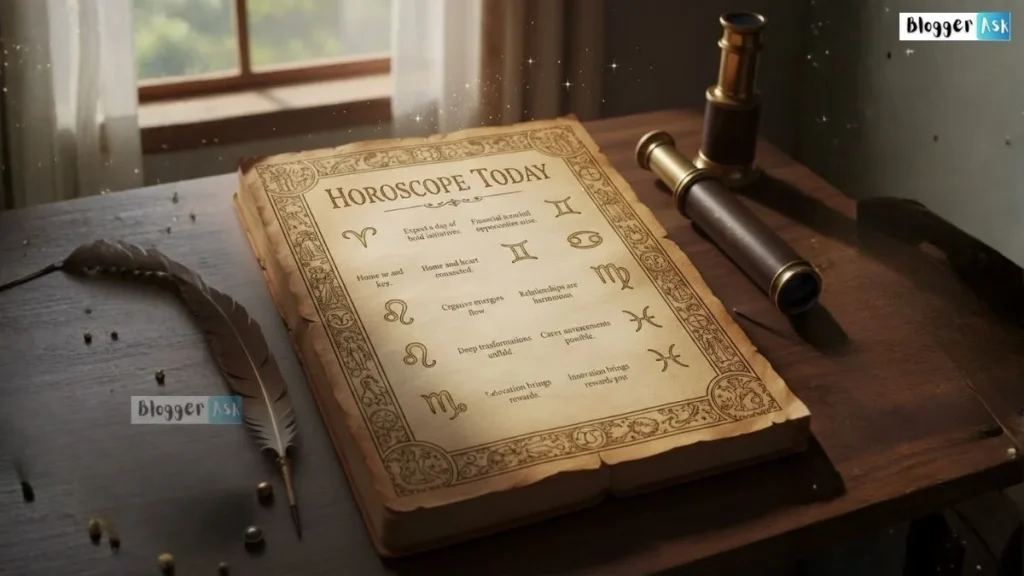 Daily horoscope guide showing all twelve zodiac signs with symbols, offering insight and guidance for today’s energies.