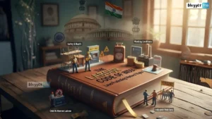 Graphic showing India’s 2025 labour law reform: four labour codes, working hours, social security, and worker rights.