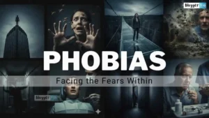 Illustration of various fears — shadowy figures, spiders, heights, and small spaces — representing a List of Phobias.