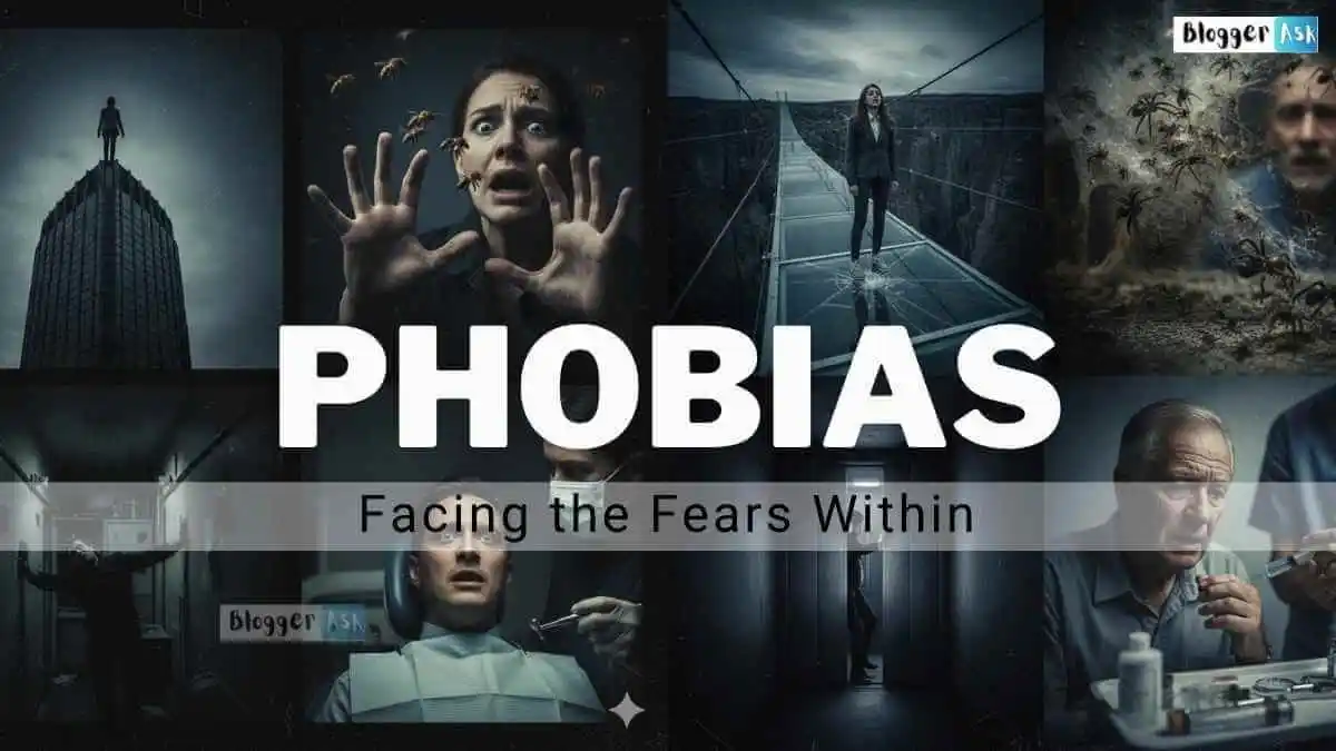 Illustration of various fears — shadowy figures, spiders, heights, and small spaces — representing a List of Phobias.