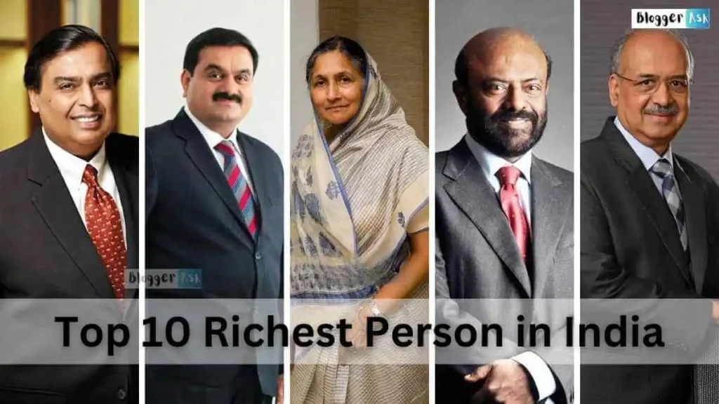 Infographic of India's top 10 richest people (2021-2025), showing Mukesh Ambani, Gautam Adani, and others with net worth charts and photos.