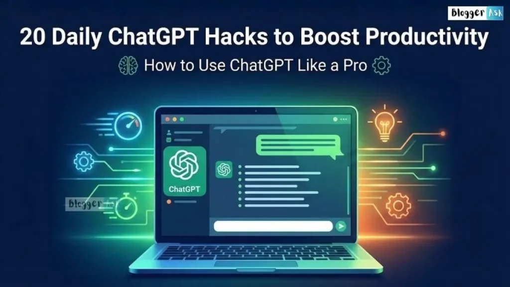 Person using ChatGPT on a laptop to boost productivity with daily AI hacks and smart workflow tips.