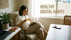 Person using phone mindfully with digital icons around, symbolizing healthy digital habits and balance.