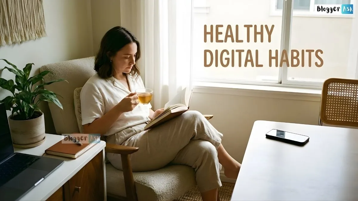 Person using phone mindfully with digital icons around, symbolizing healthy digital habits and balance.