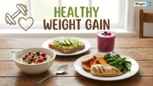 Healthy Weight Gain guide showing nutritious foods, balanced meals, and simple exercises to gain weight safely and naturally without junk food