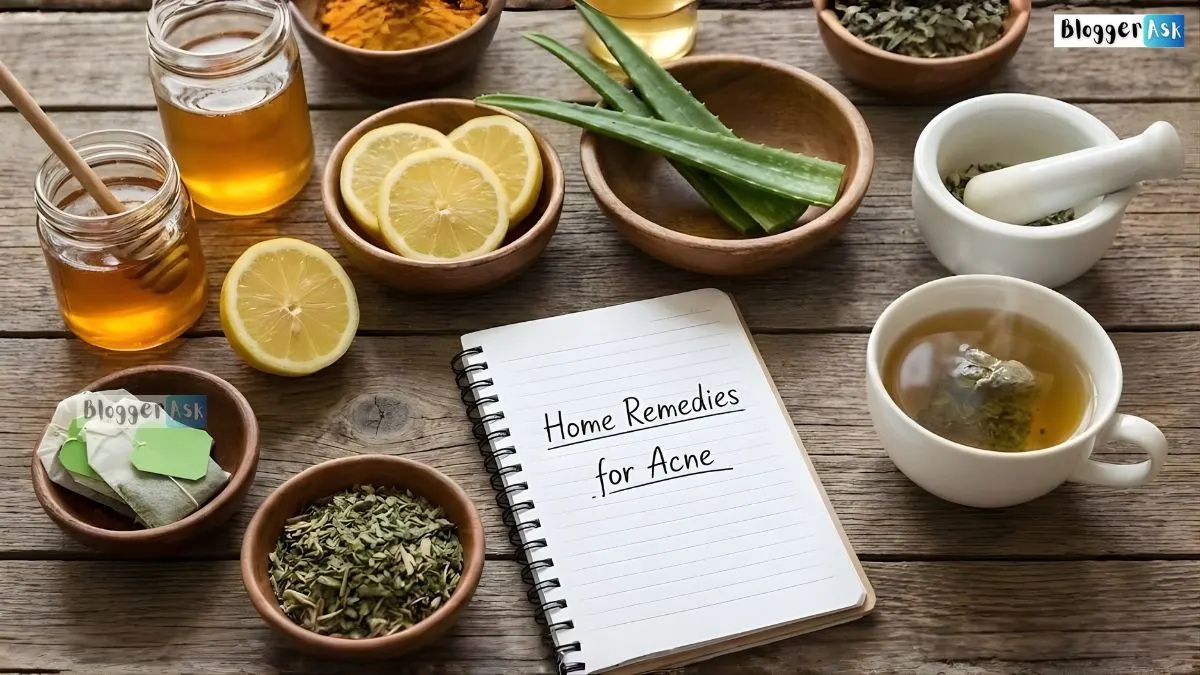 Fast Safe home remedies for acne with aloe vera, honey, and tea tree oil on a clean bathroom countertop, promoting clear and healthy skin