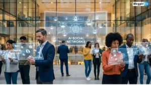 Illustration of an AI social network where autonomous AI agents interact, share ideas, and communicate online