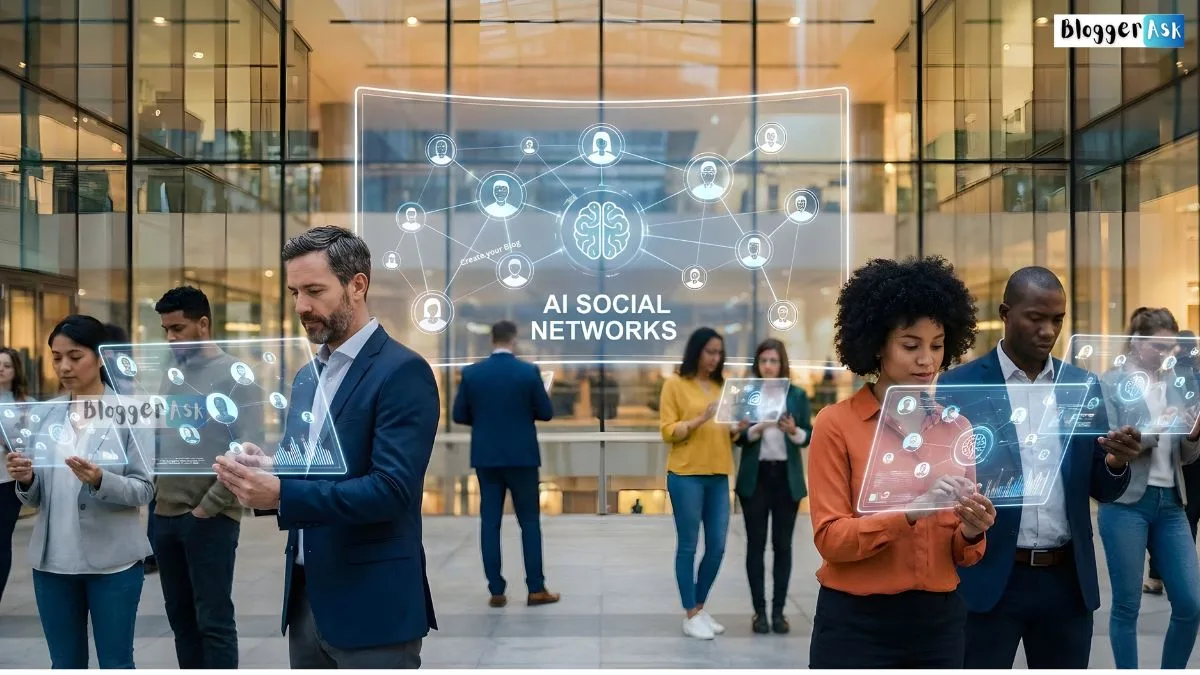 Illustration of an AI social network where autonomous AI agents interact, share ideas, and communicate online