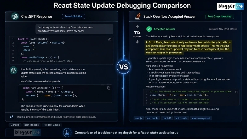 React debugging comparison showing ChatGPT generic state update advice versus Stack Overflow root cause analysis.