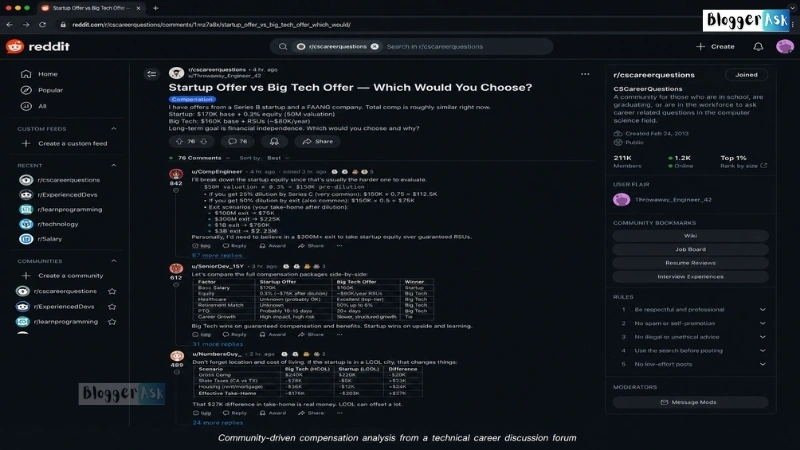 Reddit career discussion thread comparing startup and big tech offers with equity, benefits, salary, and growth.