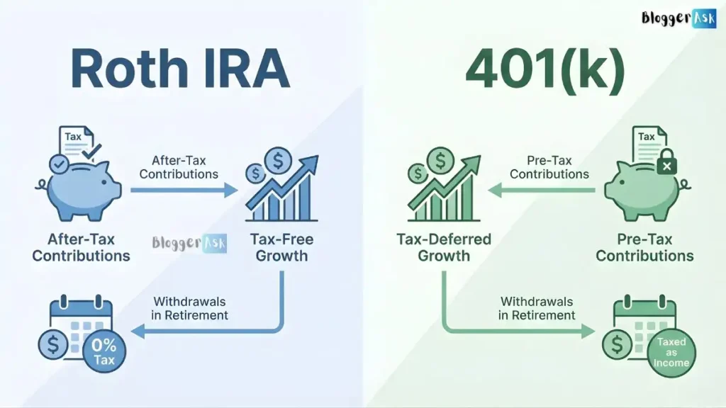 Sarah comparing Roth IRA vs 401k documents at desk with 2026 contribution limits ($7,500 vs $24,500), stock charts and tax savings calculator in background
