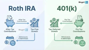 Sarah comparing Roth IRA vs 401k documents at desk with 2026 contribution limits ($7,500 vs $24,500), stock charts and tax savings calculator in background