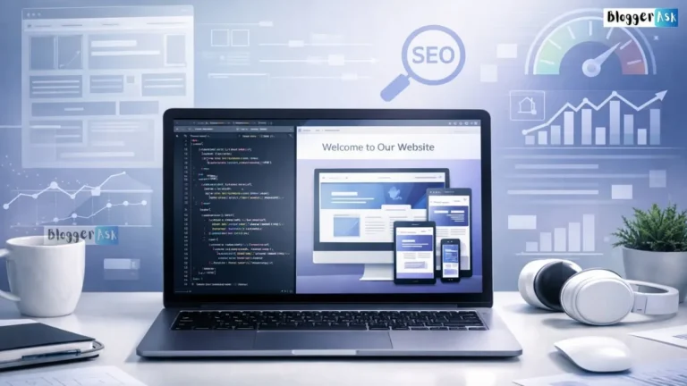Modern workspace with laptop displaying website development code and responsive design preview, representing website development tips, SEO, and performance optimization.