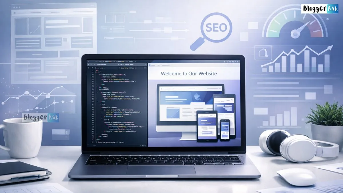 Modern workspace with laptop displaying website development code and responsive design preview, representing website development tips, SEO, and performance optimization.