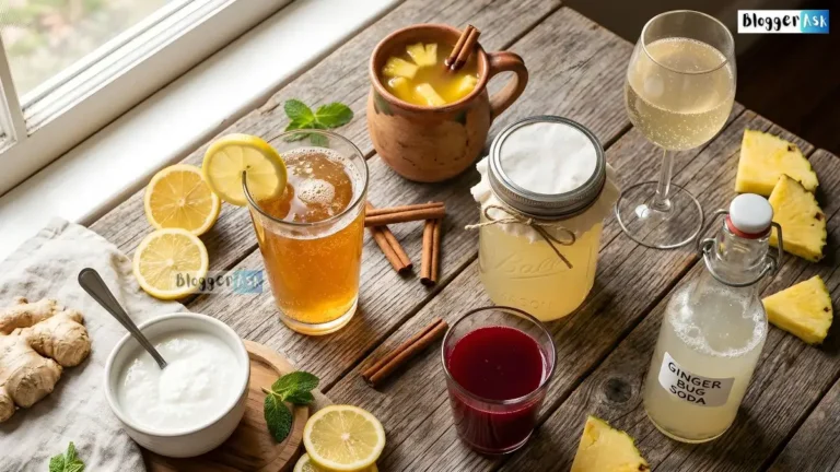 Seven gut-healthy fermented drinks including kombucha, water kefir and tepache arranged on a wooden kitchen counter