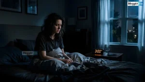 Tired woman sitting on bed wondering why I Wake Up at 3 AM every night, beside a glowing red digital clock.