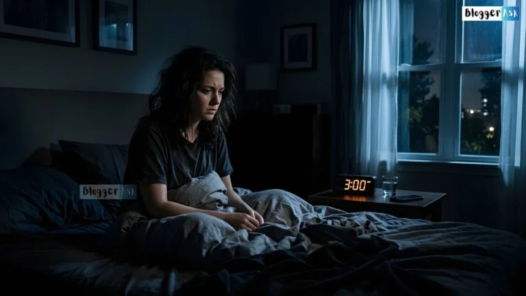 Tired woman sitting on bed wondering why I Wake Up at 3 AM every night, beside a glowing red digital clock.