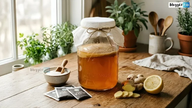 Step-by-step guide on how to make kombucha at home with tea, sugar, SCOBY, and fermentation jars in a kitchen setting