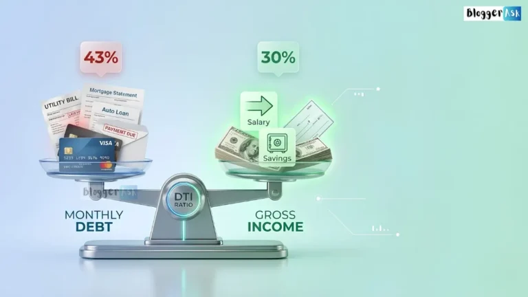 Debt-to-income ratio concept showing balance scale comparing monthly debt and gross income in a clean fintech style illustration.