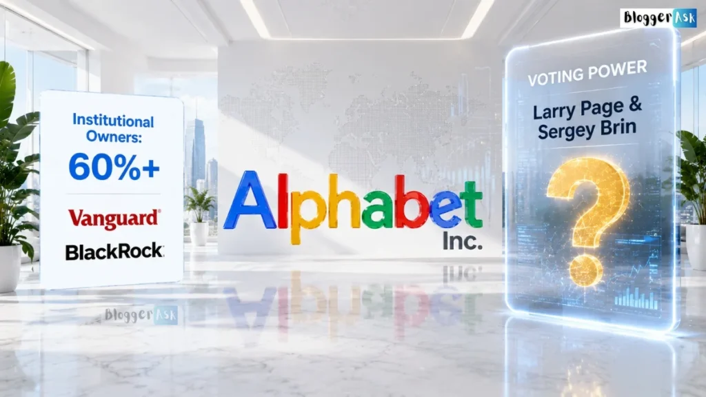 Alphabet Inc. ownership structure showing Larry Page, Sergey Brin voting control and institutional shareholders chart