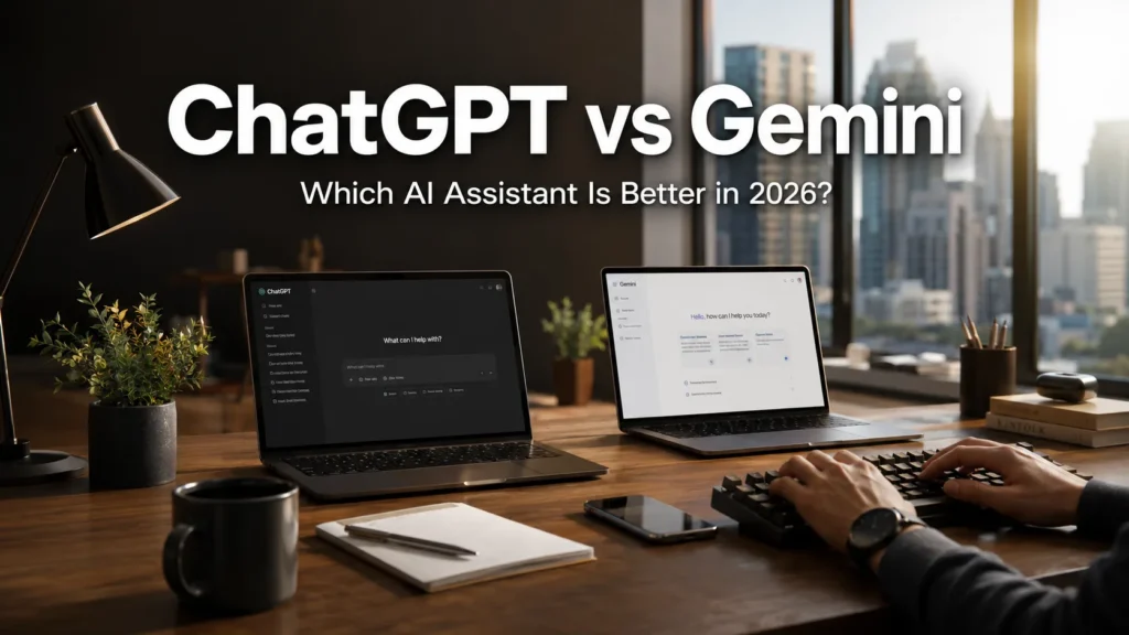 ChatGPT vs Gemini side-by-side comparison showing AI features, writing, coding, pricing, and performance