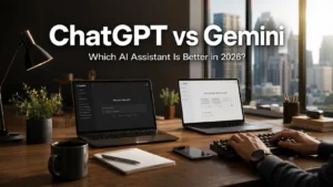 ChatGPT vs Gemini side-by-side comparison showing AI features, writing, coding, pricing, and performance