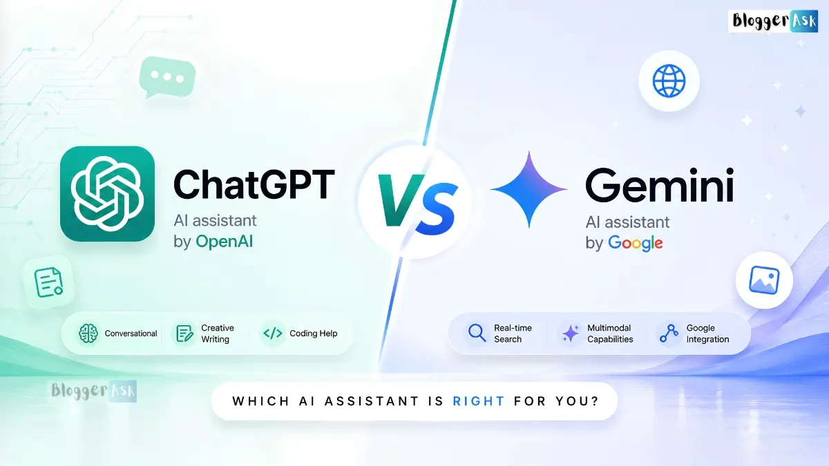 ChatGPT vs Gemini side-by-side comparison showing AI features, writing, coding, pricing, and performance