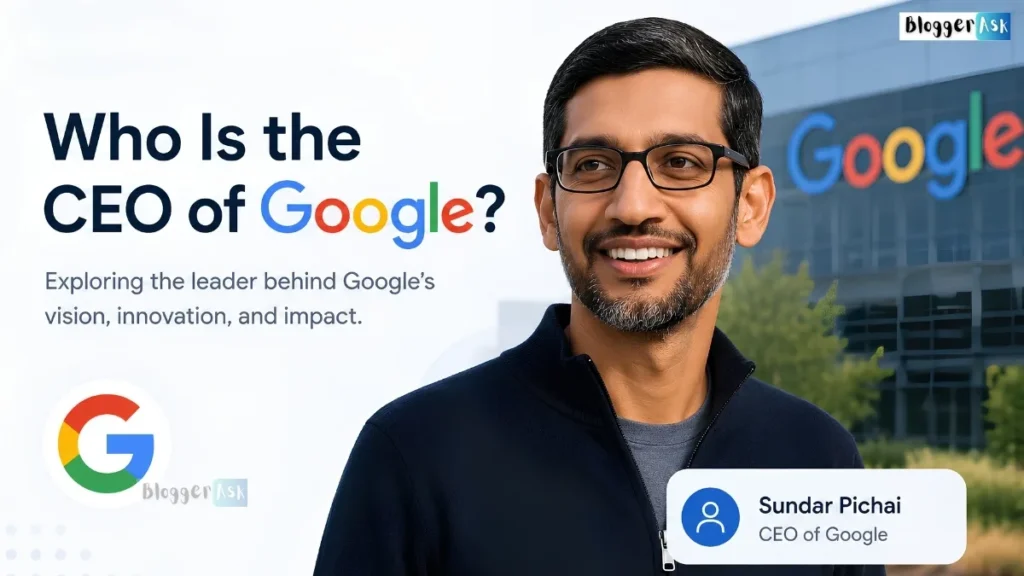 Sundar Pichai, CEO of Google, standing in front of Google headquarters with modern tech graphics and branding.