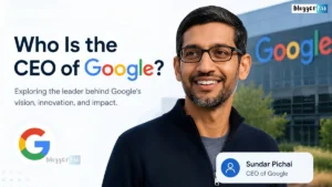 Sundar Pichai, CEO of Google, standing in front of Google headquarters with modern tech graphics and branding.
