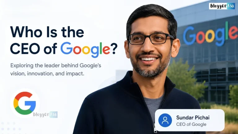 Sundar Pichai, CEO of Google, standing in front of Google headquarters with modern tech graphics and branding.
