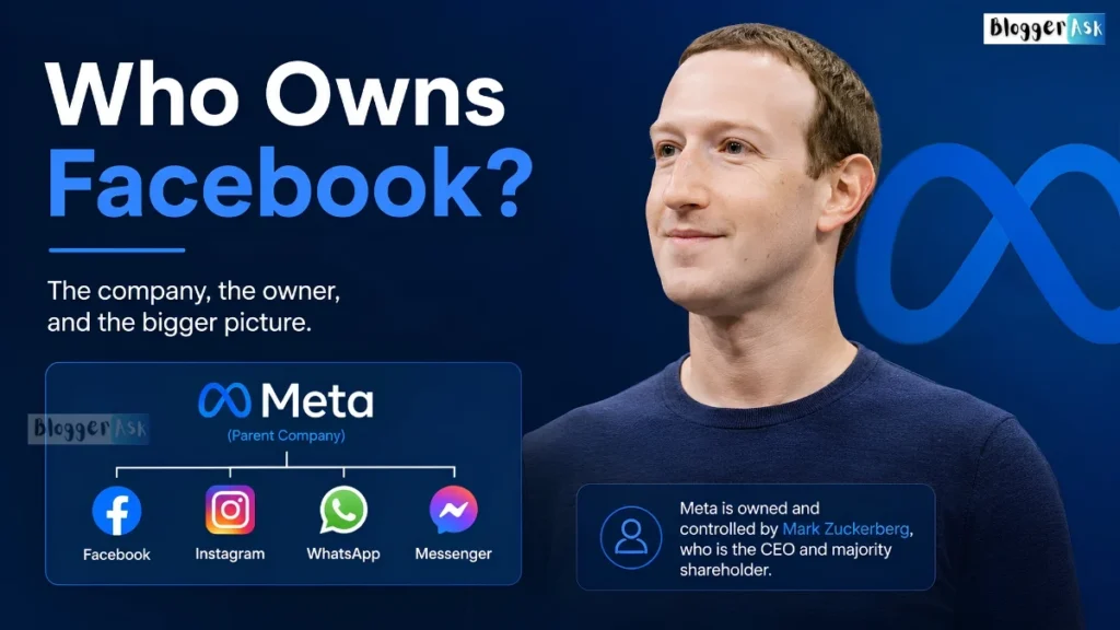 Who Owns Facebook? Mark Zuckerberg, Meta ownership structure, Facebook logo, and corporate control infographic thumbnail