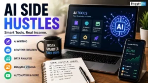 AI side hustles illustration showing laptop, chatbot, digital tools, freelancer earning online income with AI in 2026.