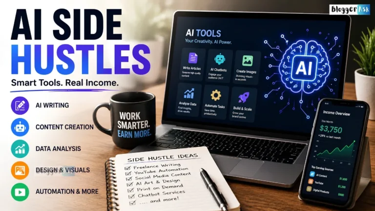 AI side hustles illustration showing laptop, chatbot, digital tools, freelancer earning online income with AI in 2026.
