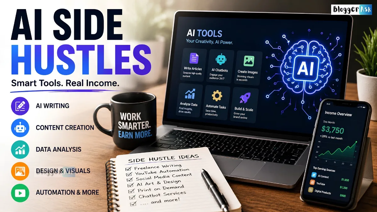 AI side hustles illustration showing laptop, chatbot, digital tools, freelancer earning online income with AI in 2026.