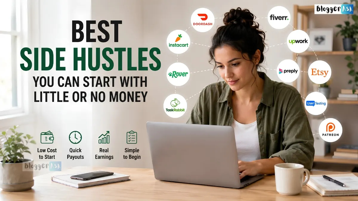 Best Side Hustles You Can Start With Little or No Money in 2026 feature image showing a person working on a laptop with side hustle platform icons.