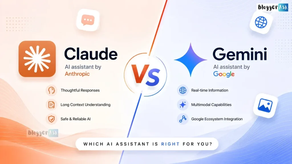 Claude vs Gemini feature image comparing AI assistants with modern split design, logos, and AI capabilities comparison theme.