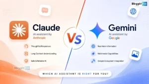 Claude vs Gemini feature image comparing AI assistants with modern split design, logos, and AI capabilities comparison theme.