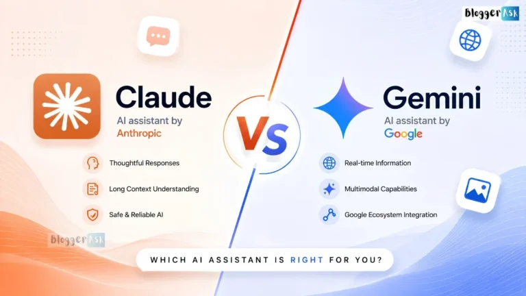 Claude vs Gemini feature image comparing AI assistants with modern split design, logos, and AI capabilities comparison theme.