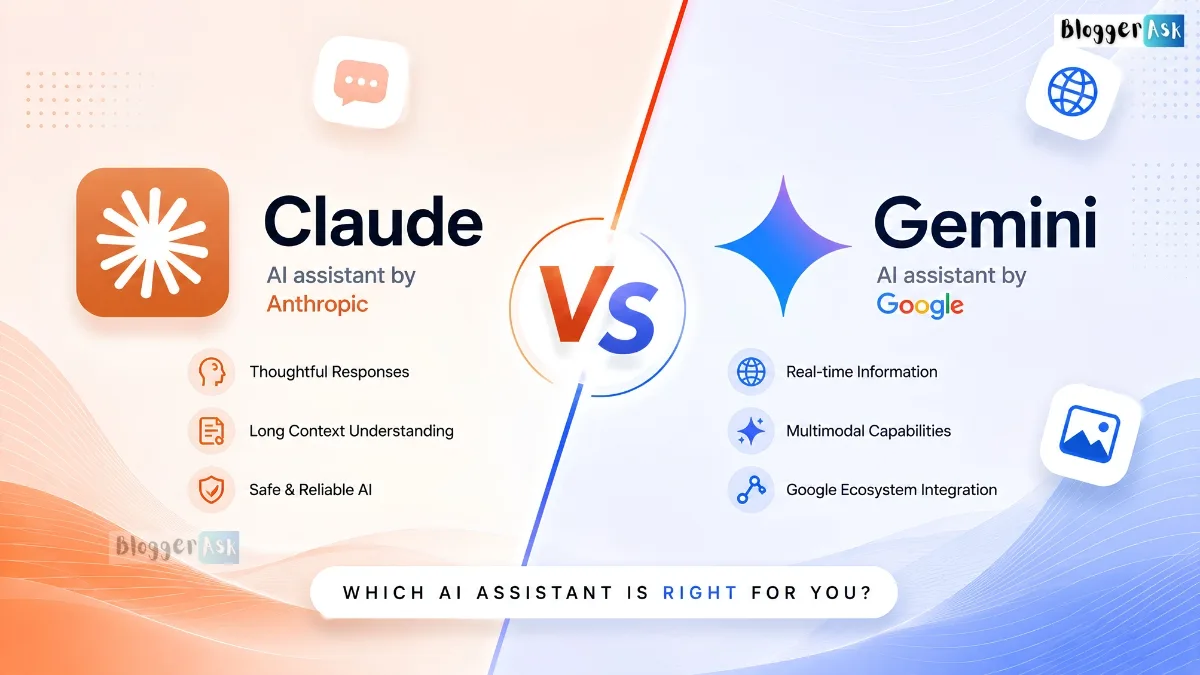 Claude vs Gemini feature image comparing AI assistants with modern split design, logos, and AI capabilities comparison theme.