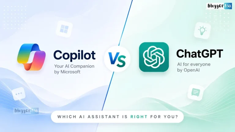 Copilot vs ChatGPT feature image comparing AI assistants with modern split design, logos, and productivity comparison theme.