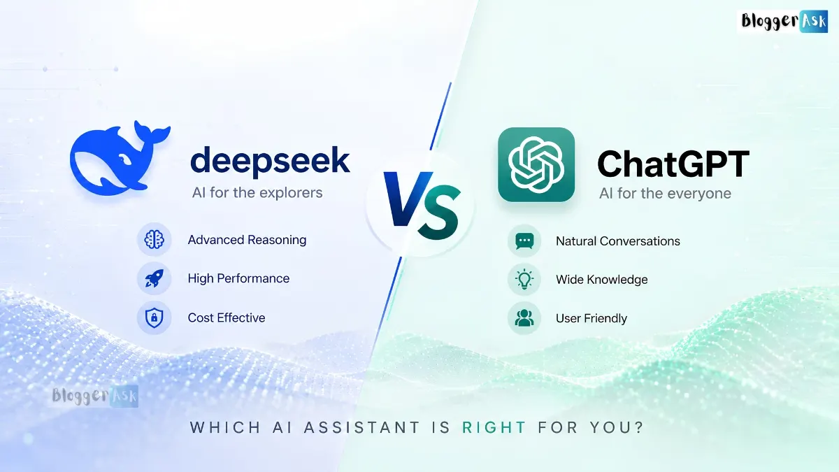 DeepSeek vs ChatGPT feature image comparing AI assistants with logos, modern split design, and performance comparison theme.