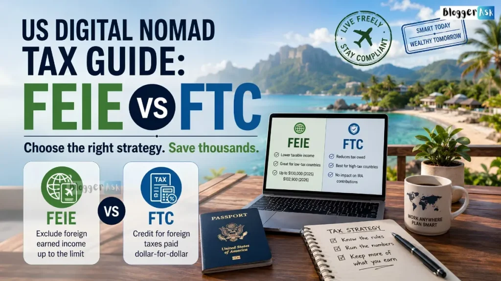 US Digital Nomad Tax Guide feature image comparing FEIE vs FTC with laptop, passport, beach workspace, and tax strategy.
