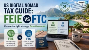 US Digital Nomad Tax Guide feature image comparing FEIE vs FTC with laptop, passport, beach workspace, and tax strategy.