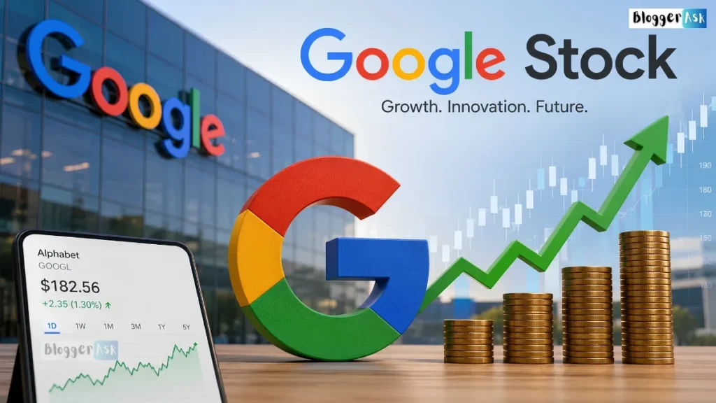 Google Stock feature image showing Alphabet shares, rising market chart, Google logo, growth arrow, and stacked gold coins.